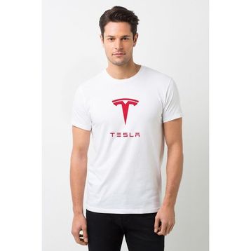 Qivi Tesla Motors Logo Baskılı Beyaz Erkek Örme T-shirt