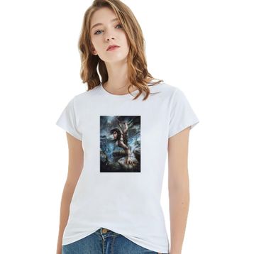 Qivi Tomb Raider Lara Croft Baskılı Beyaz Örme Kadın T-shirt