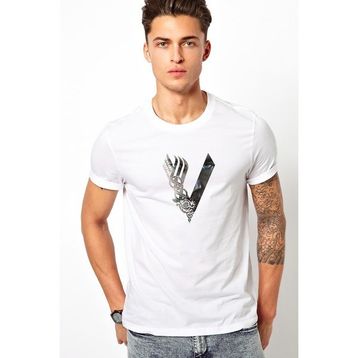 Qivi Vikings V Logo Baskılı Beyaz Erkek Örme T-shirt