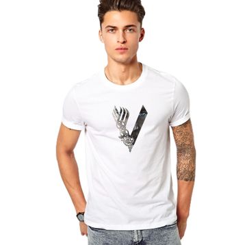 Qivi Vikings V Logo Baskılı Beyaz Erkek Örme T-shirt