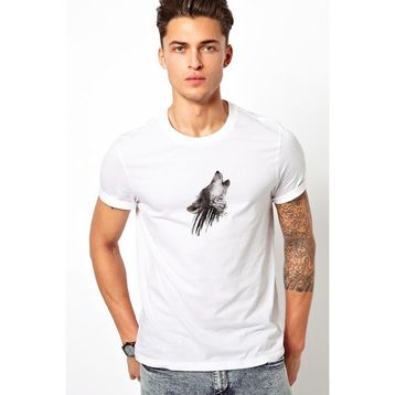 Qivi Wolf Head Tattoo Images Kurt Baskılı Beyaz Erkek Örme T-shirt