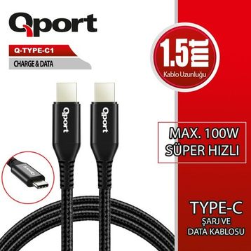 Qport 1.5 mt 100W Q-Type-C1 Type-C Super Hızlı PD Şarj ve Data Kablosu