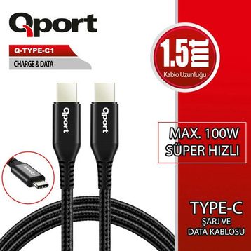 Qport 1.5 mt 100W Q-Type-C1 Type-C Super Hızlı PD Şarj ve Data Kablosu