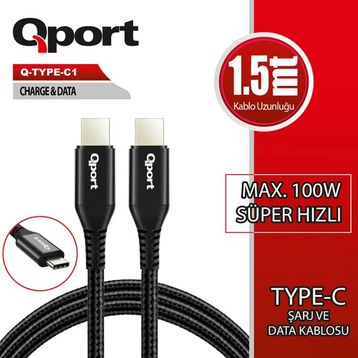 Qport 1.5 mt 100W Q-Type-C1 Type-C Super Hızlı PD Şarj ve Data Kablosu
