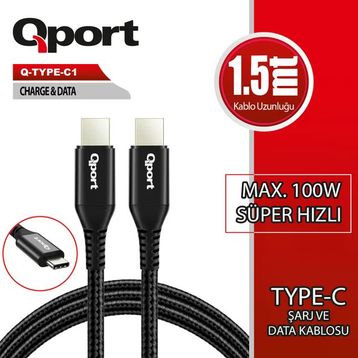 Qport 1.5 mt 100W Q-Type-C1 Type-C Super Hızlı PD Şarj ve Data Kablosu