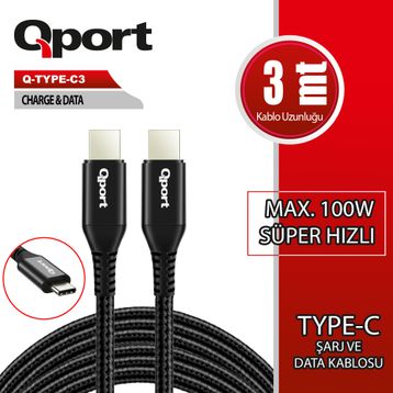 Qport 100W 3 mt Q-Type-C3 Type-C PD Hızlı Şarj Kablosu