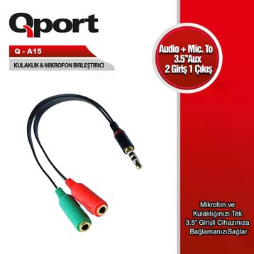 Qport Q-A15 Audio + Mic to 3.5 mm 15 cm Kulaklık Çevirici