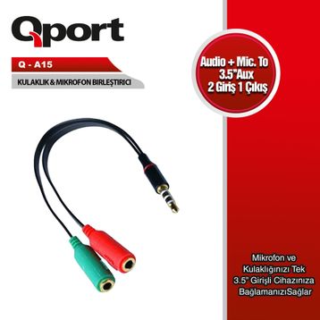 Qport Q-A15 Audio + Mic to 3.5 mm 15 cm Kulaklık Çevirici