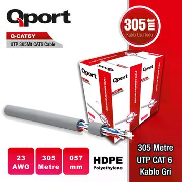 Qport Q-CAT6Y Gri 305 mt 23AWG 0.57 mm Cat6 UTP PE Kablo