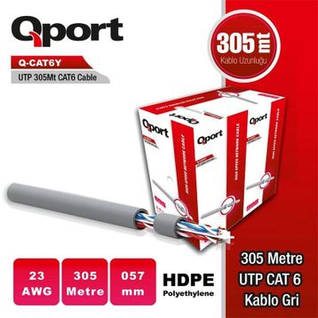 Qport Q-CAT6Y Gri 305 mt 23AWG 0.57 mm Cat6 UTP PE Kablo