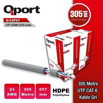 Qport Q-CAT6Y Gri 305 mt 23AWG 0.57 mm Cat6 UTP PE Kablo