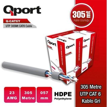 Qport Q-CAT6Y Gri 305 mt 23AWG 0.57 mm Cat6 UTP PE Kablo