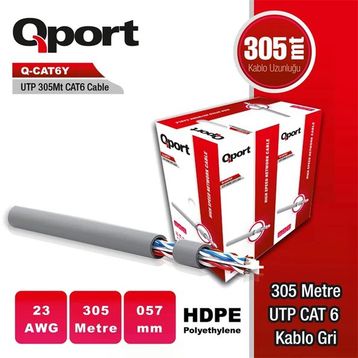 Qport Q-CAT6Y Gri 305 mt 23AWG 0.57 mm Cat6 UTP PE Kablo