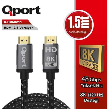 Qport Q-HDMI211 1.5 mt 2.1V 8K Altın Uçlu Örgülü HDMI Kablo