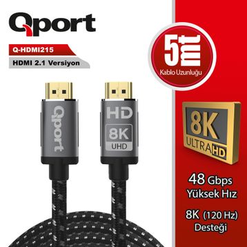 Qport Q-HDMI215 5 mt 2.1V 8K Altın Uçlu Örgülü HDMI Kablo