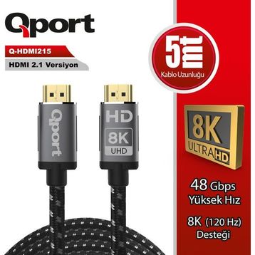 Qport Q-HDMI215 5 mt 2.1V 8K Altın Uçlu Örgülü HDMI Kablo
