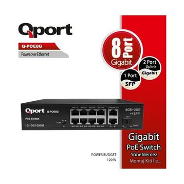 Qport Q-POE8G 8 Port 10/100/1000 Mbps Gigabit PoE Switch