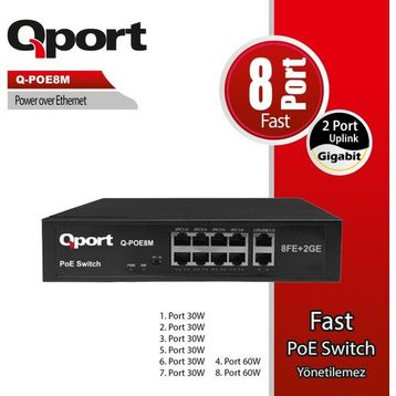 Qport Q-Poe8m 8 Port 10/100 + 2 Port 10/100/1000 Uplınk Poe Swıtch