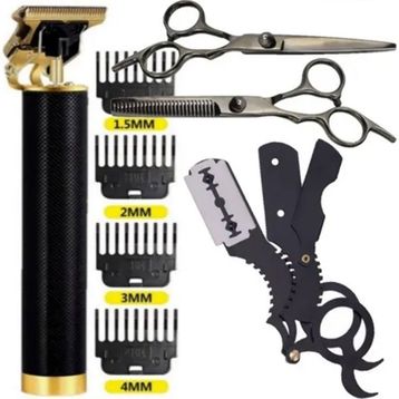 Qualis Shave R4 Elektrikli Siyah Saç Tıraş Makinesi+U4 Full Metal Ustura+M8 Kesme+İnceltme Makas Set