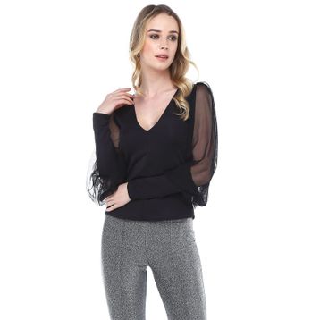 Quincey BDM2494 Kadın Siyah Scuba Tül Kollu Bluz