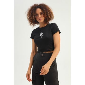 Quzu Baskılı Siyah Crop Kadın T-shirt