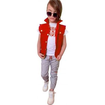 Quzucuk Kids Erkek Çocuk Denim Yelekli Kırmızı Takım
