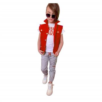 Quzucuk Kids Erkek Çocuk Denim Yelekli Kırmızı Takım