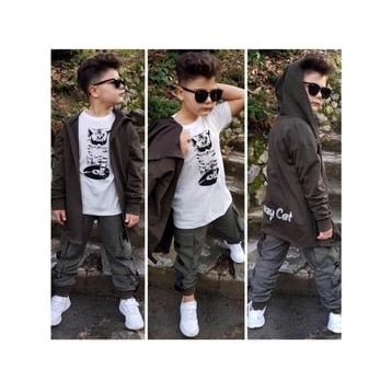 Quzucuk Kids Erkek Çocuk Kedi Figürlü Kargo Pantalonlu Takım