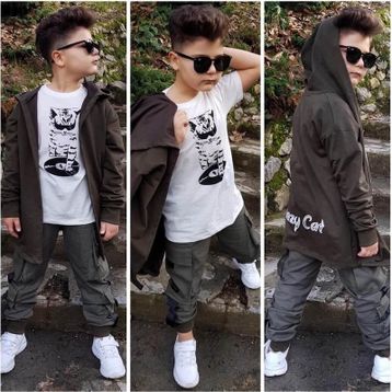 Quzucuk Kids Erkek Çocuk Kedi Figürlü Kargo Pantalonlu Takım