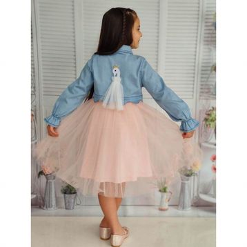Quzucuk Kids Kız Çocuk Kuğu Figürlü Kot Ceketli Tütü Takım