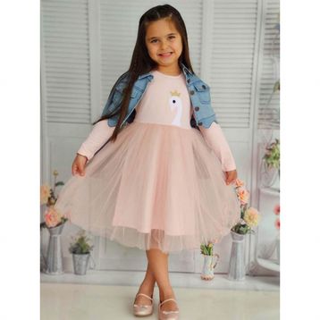 Quzucuk Kids Kız Çocuk Kuğu Figürlü Kot Ceketli Tütü Takım