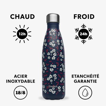 Qwetch QD3470 Çiçek Desenli Isı Yalıtımlı 500 ml Lacivert Termos