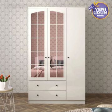 Rabi Side Rose 3 Kapak 2 Çekmece Aynalı 184 Beyaz Gardırop