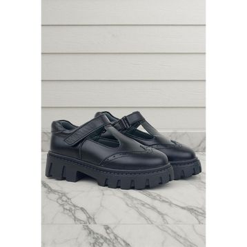 Rakerplus Hakiki Deri Siyah Cırtlı Kız Çocuk Okul Ayakkabı