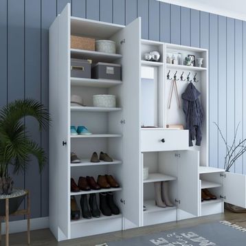 Rani P6 M2 Beyaz Modern Çekmeceli Aynalı Portmanto Ayakkabılık Vestiyer