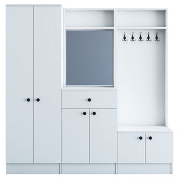 Rani P6 M2 Beyaz Modern Çekmeceli Aynalı Portmanto Ayakkabılık Vestiyer