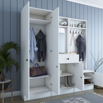 Rani P6 M3 Beyaz Modern Çekmeceli Aynalı Portmanto Ayakkabılık Vestiyer