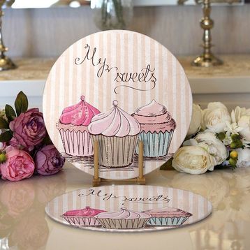 RealHomes 2 34x34 cm Renkli 1 Cup Cake Dijital Baskılı Modern Yuvarlak Servis Altlığı Supla