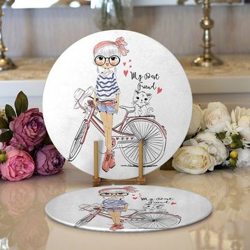 RealHomes 2 34x34 cm Renkli 1 Fashion Girl Dijital Baskılı Modern Yuvarlak Servis Altlığı Supla