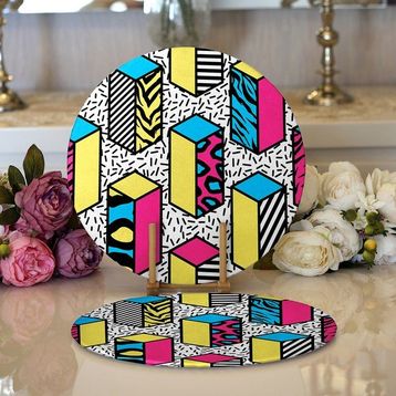 RealHomes 34x34 cm 2'li Beyaz Zemin Üzerinde Renkli Geometrik Desenli Dijital Baskılı Modern Yuvarlak Servis Altlığı Supla