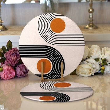 RealHomes 34x34 cm 2'li Renkli Zeminli Geometrik Desenli Dijital Baskılı Modern Yuvarlak Servis Altlığı Supla