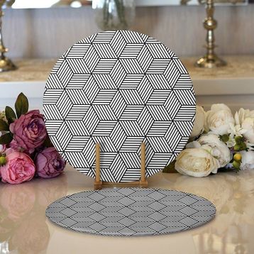 RealHomes 34x34 cm Renkli 2'li 3D Cube Desenli Dijital Baskılı Modern Yuvarlak Servis Altlığı Supla