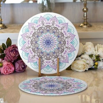 RealHomes 34x34 cm Renkli 2'li Beyaz Zeminde Açık Renkte Mandala Modern Yuvarlak Servis Altlığı Supla