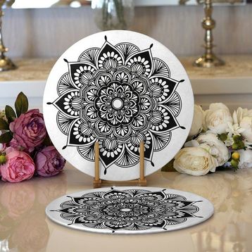 RealHomes 34x34 cm Renkli 2'li Beyaz Zeminde Çiçek Mandala Desenli Modern Yuvarlak Servis Altlığı Supla
