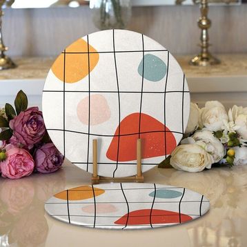 RealHomes 34x34 cm Renkli 2'li Beyaz Zeminli Geometrik Desenli Dijital Baskılı Modern Yuvarlak Servis Altlığı Supla