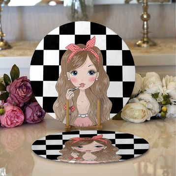 RealHomes 34x34 CM Renkli 2'li Dama Zeminli Fuchion Girl Tasarımlı Dijital Baskılı Yuvarlak Servis Altlığı Supla