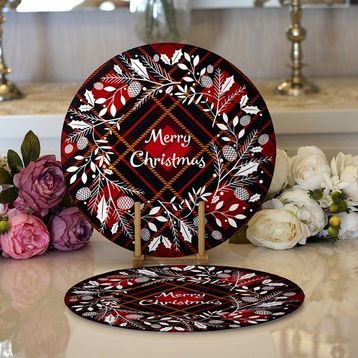 RealHomes 34x34 cm Renkli 2'li Ekose Merry Christmas Desenli Dijital Baskılı Modern Yuvarlak Servis Altlığı Supla