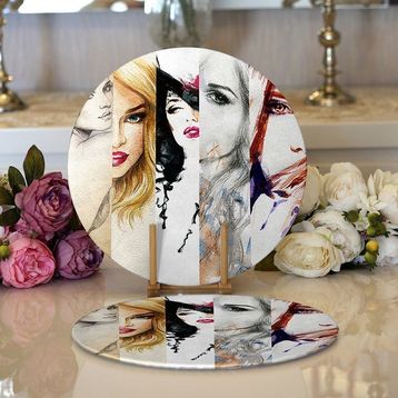 RealHomes 34x34 cm Renkli 2'li Fashion Womens Dijital Baskılı Modern Yuvarlak Servis Altlığı Supla