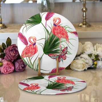 RealHomes 34x34 cm Renkli 2'li Flamingo Desen Dijital Baskılı Modern Yuvarlak Servis Altlığı Supla