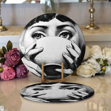 RealHomes 34x34 cm Renkli 2'li Fornasetti Siyah Beyaz Özel Tasarımlı Yuvarlak Servis Altlığı Supla